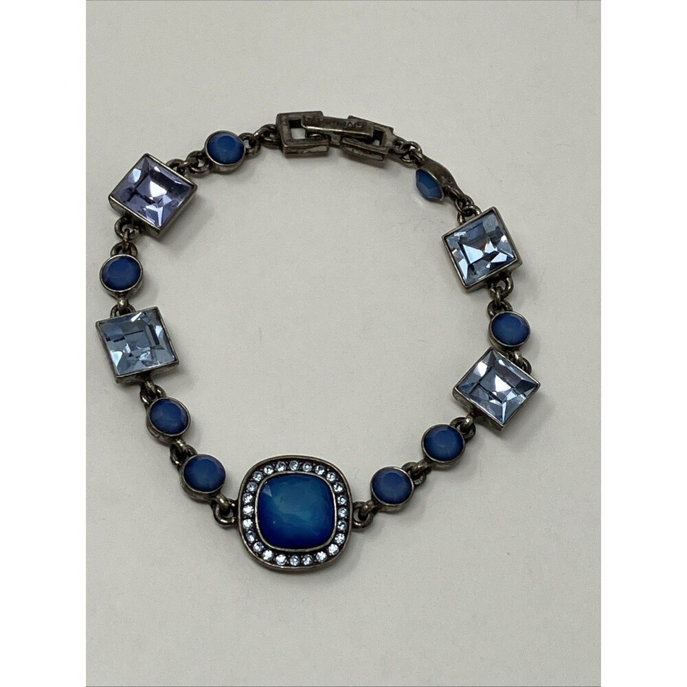 Givenchy Tennis Bracelet Blue Clear Crystal Rhinestones Signed Silver Tone ~7”